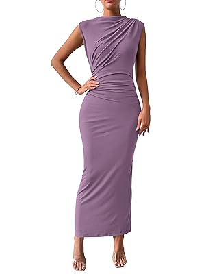 BTFBM Women's Ruched Bodycon Dress Summer Casual Sleeveless Back Slit Elegant Club Evening Party Cocktail Maxi Dresses