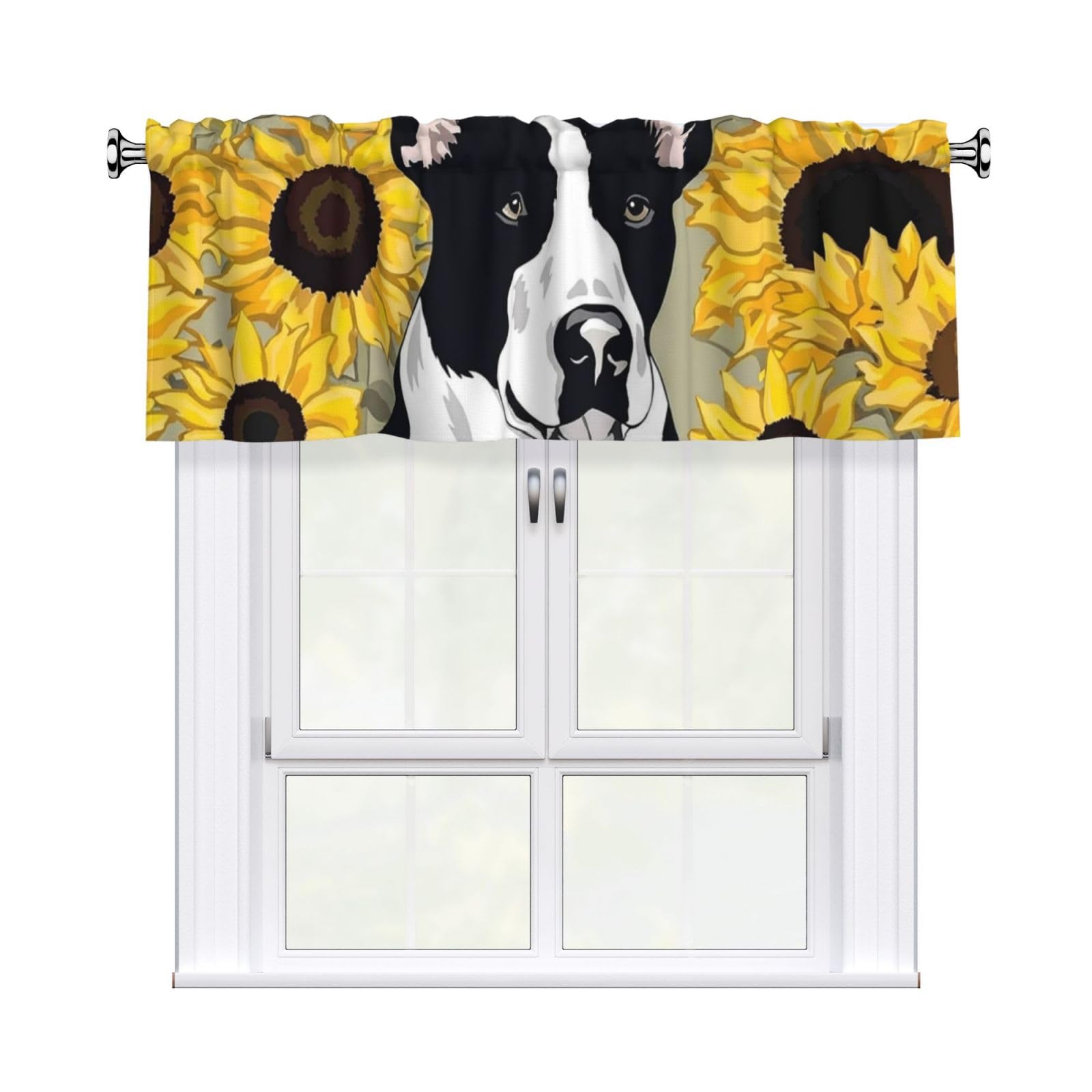 HJKJKKJ Window Valance 137x 46 CM Kitchen Curtains Dog in Flower Valances for Windows Vintage Short Window Curtains Farmhouse Rod Pocket Decorative Curtain Valance for Bedroom Bathroom