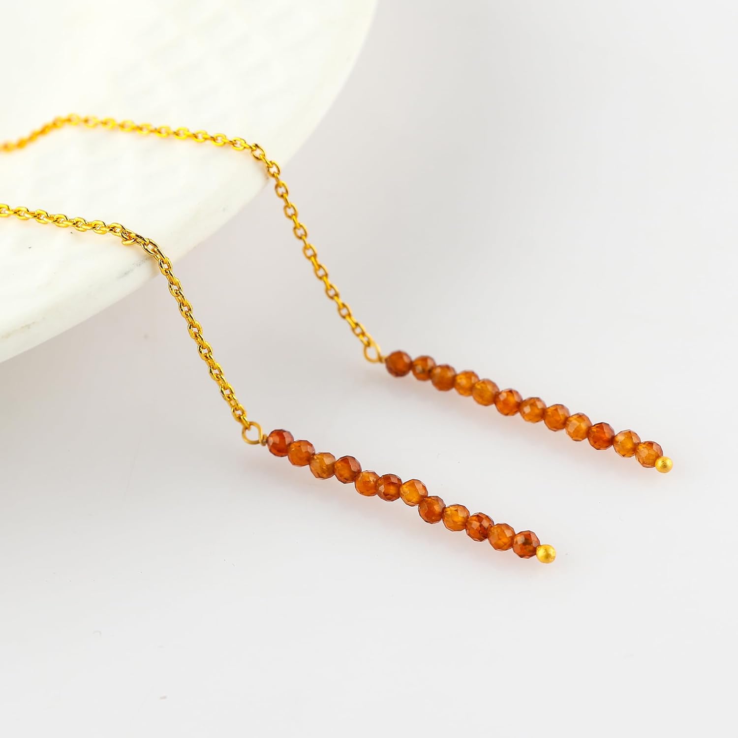 Natural Gemstone Threader Earrings for Women - Dainty 2mm Faceted Beads - Birthstone Crystal Drop Earrings - Silver Plated Healing Jewelry