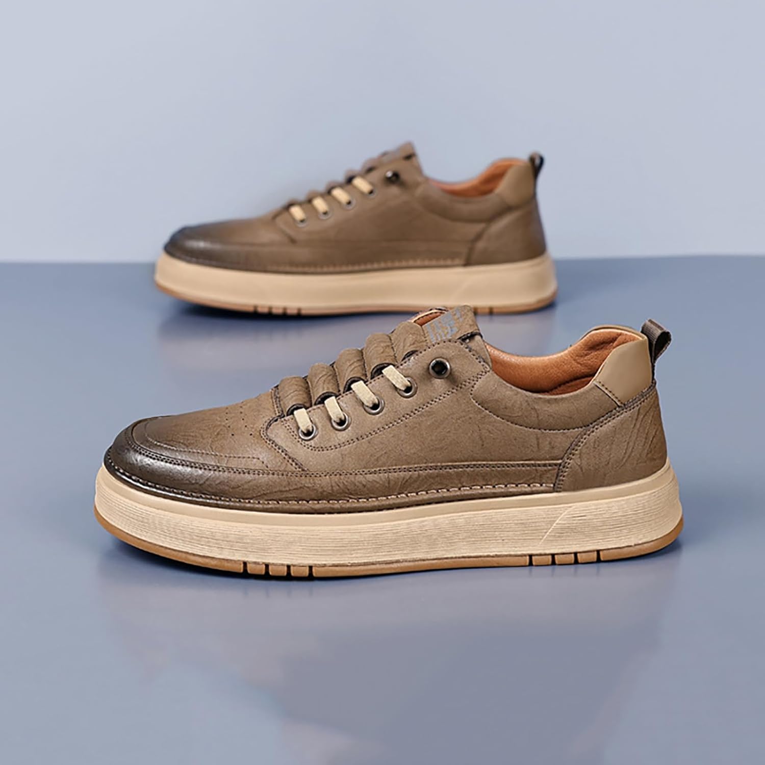 Men's Leather Fashion Sneakers Casual Simple Handmade Vintage Low Top Round-Toe Slip on Platform Casual Shoes Loafers Sneakers for Men Comfortable Leather Tennis Shoes - Image 5