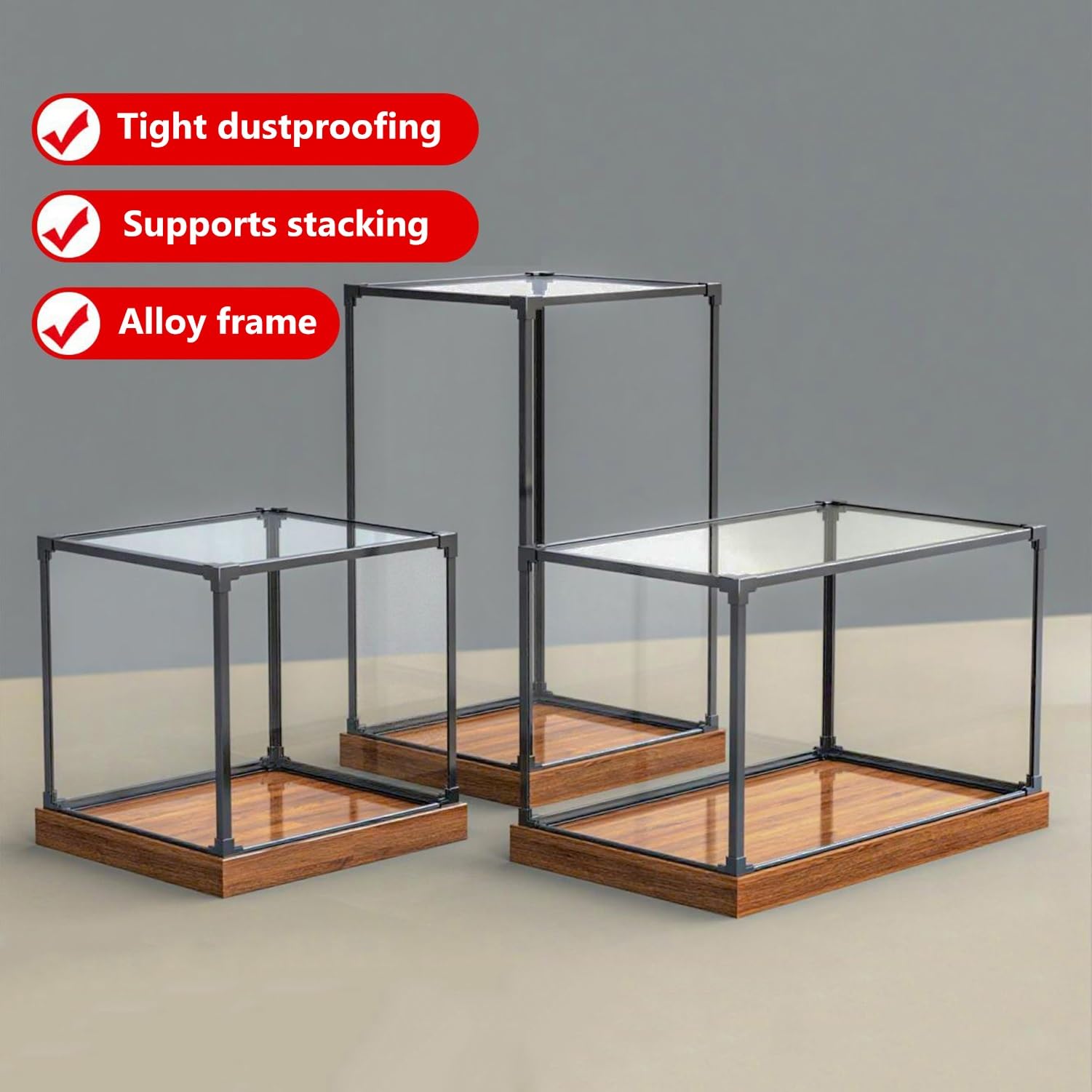 Przezroczysta akrylowa witryna z drewnianą podstawą i metalową ramą, organizer do figurek akcji, przedmiotów kolekcjonerskich, zabawek - gablota 75 x 45 x 45 cm do ekspozycji domowej i detalicznej