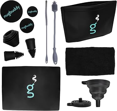 nugbuddy Glass Cleaning Kit - Reusable Silicone Accessories - Complete Kit to Clean your Piece, Just Add Cleaner - Reusable Soaker Bag, Brushes, Mat, Caps & Plugs, Funnel, Microfiber Towel