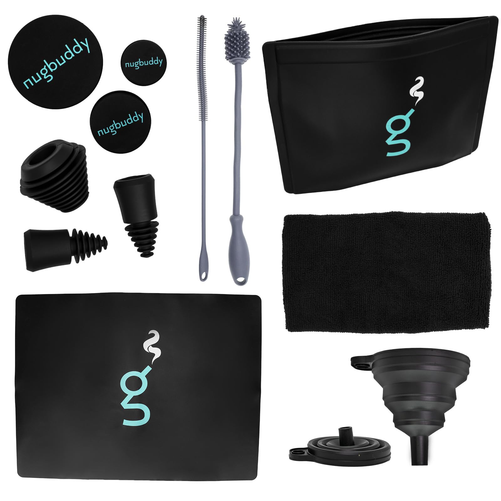 nugbuddy Kit de limpieza de vidrio, accesorios de silicona reutilizables, bolsa de remojo reutilizable, cepillos, alfombrilla, tapas y enchufes, embudo y toalla de microfibra
