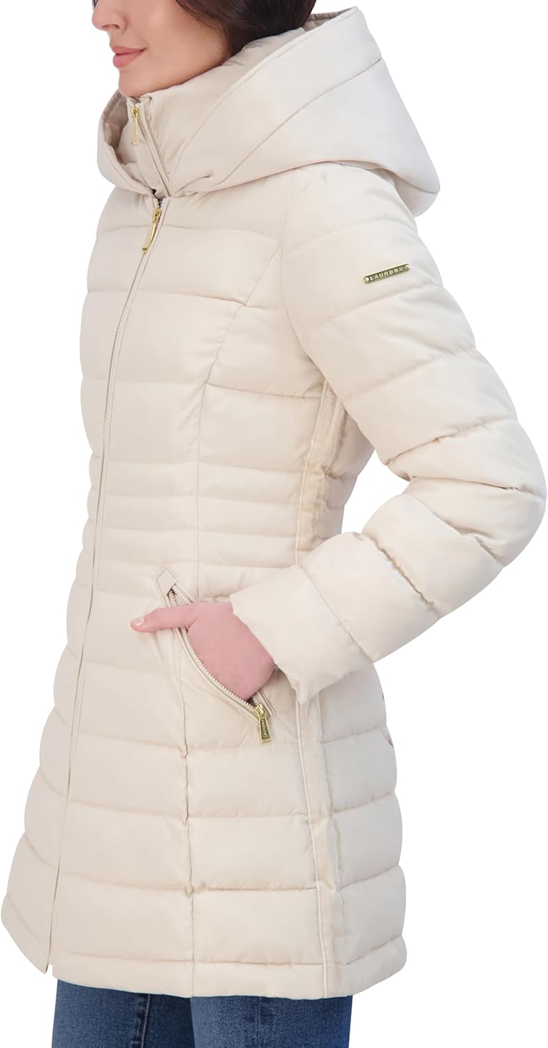 Laundry by Shelli Segal Women's Windbreaker Puffer Coat– Mid-length Fit & Flare Jacket, Side Velvet Tape - Image 3