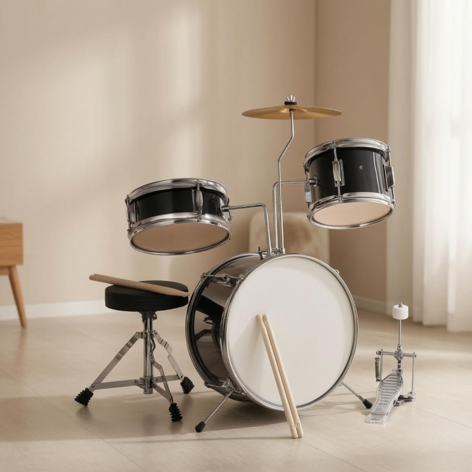 kowaku Batteria con Sgabello e Piatto Acustica Batteria Musicale con Sgabello Regolabile Strumento per Casa , Rosso