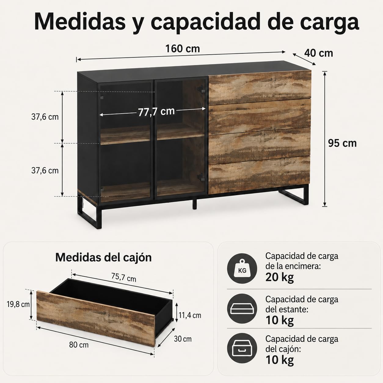 Aparador Madera-Negro 160cm con LED & Puerta de Cristal – Cómoda con 4 Cajones, Push-to-Open & Tira LED USB – Vitrina con Marco Metálico para Salón, 160×95×41cm