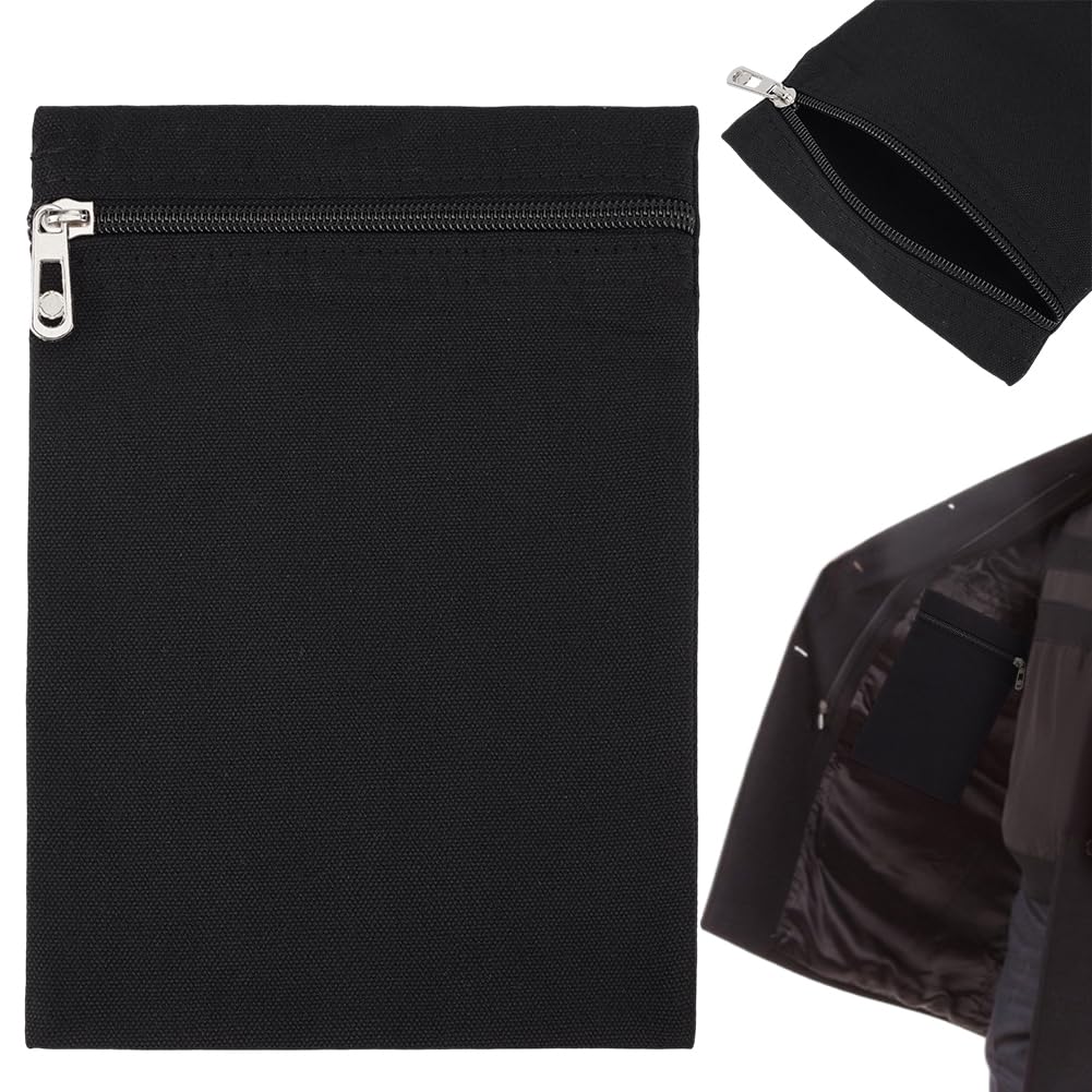 BENECREAT 2 Pack Sew in Side Pocket with Zipper, Canvas Cloth Black Hidden Pocket for Jackets Sweatshirts Travel Accessories, 21.8x15.5x0.3cm/ 8.6x6.1x0.12inch