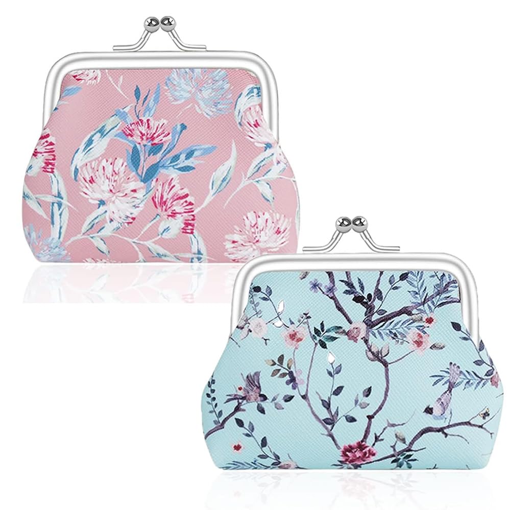 squishy 2 PCS Small Purse for Women Mini, Compact Wallet for Women.Card Holder Wallet, Floral Coin Wallet Set of Two, Blue and Pink Petal Design-picture-41