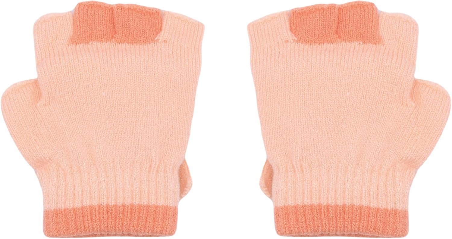 Winter Warm Convertible Mittens Half Fingerless Plush Knitted Lined Cartoon Gloves for 6-12 Years Old Boys Girls