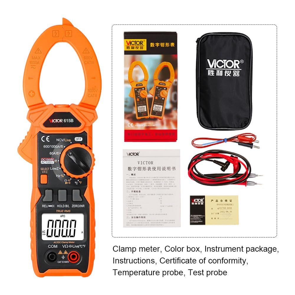 615B DC 1500V AC DC 1000ATrue RMS Digital Clamp Multimeter 5999 Counts with Live NCV V.F.C Surge Current Current Clamp Meter(Victor 615B)