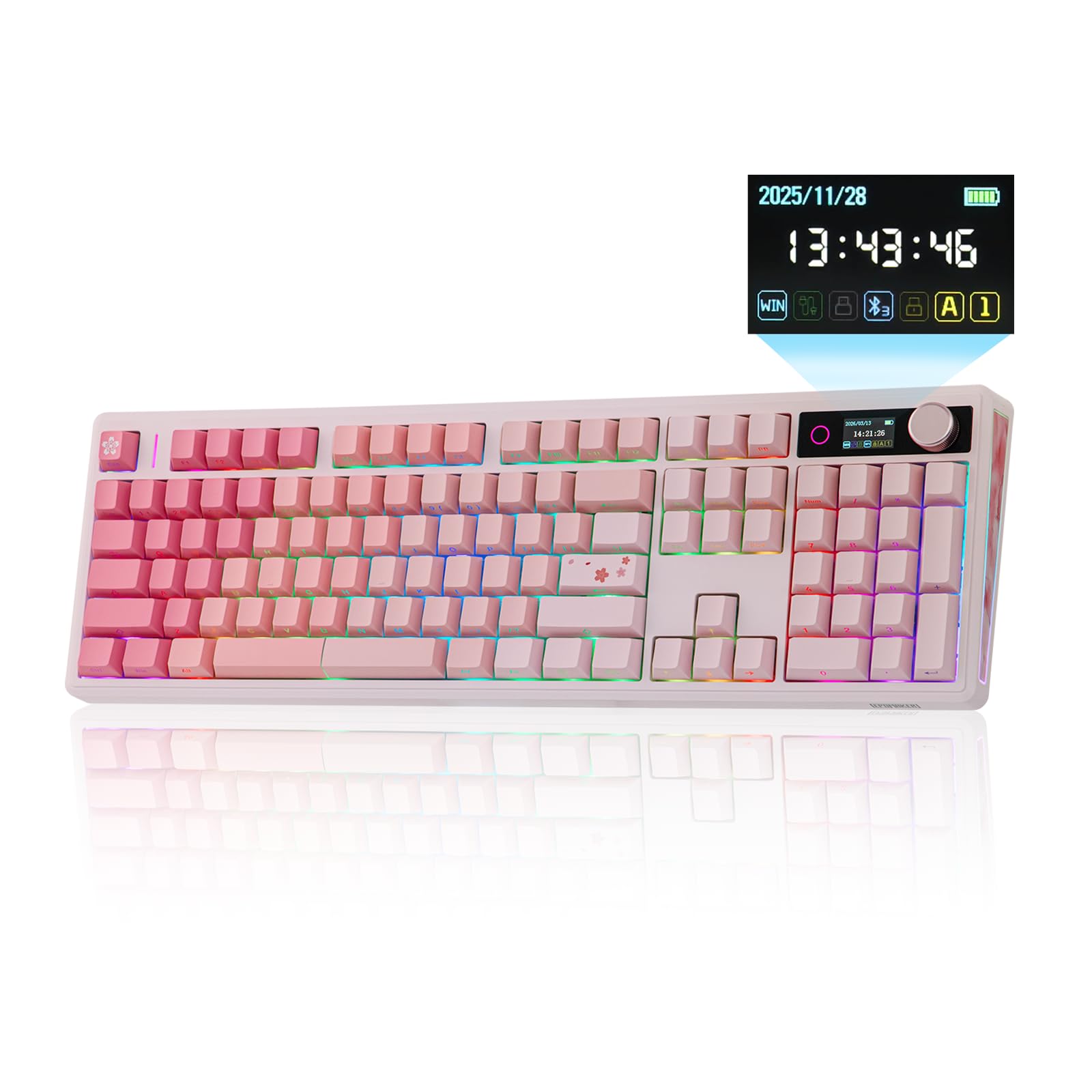 EPOMAKER TH108 V2 PRO Full Size Mechanical Keyboard with Screen&Knob, 10000mAh, BT/2.4Ghz, Mac Modifier PBT Keycap, Hot Swap, RGB, Gasket, Wireless Gaming Keyboard for Mac/PC (Pink, Sea Salt Silent)