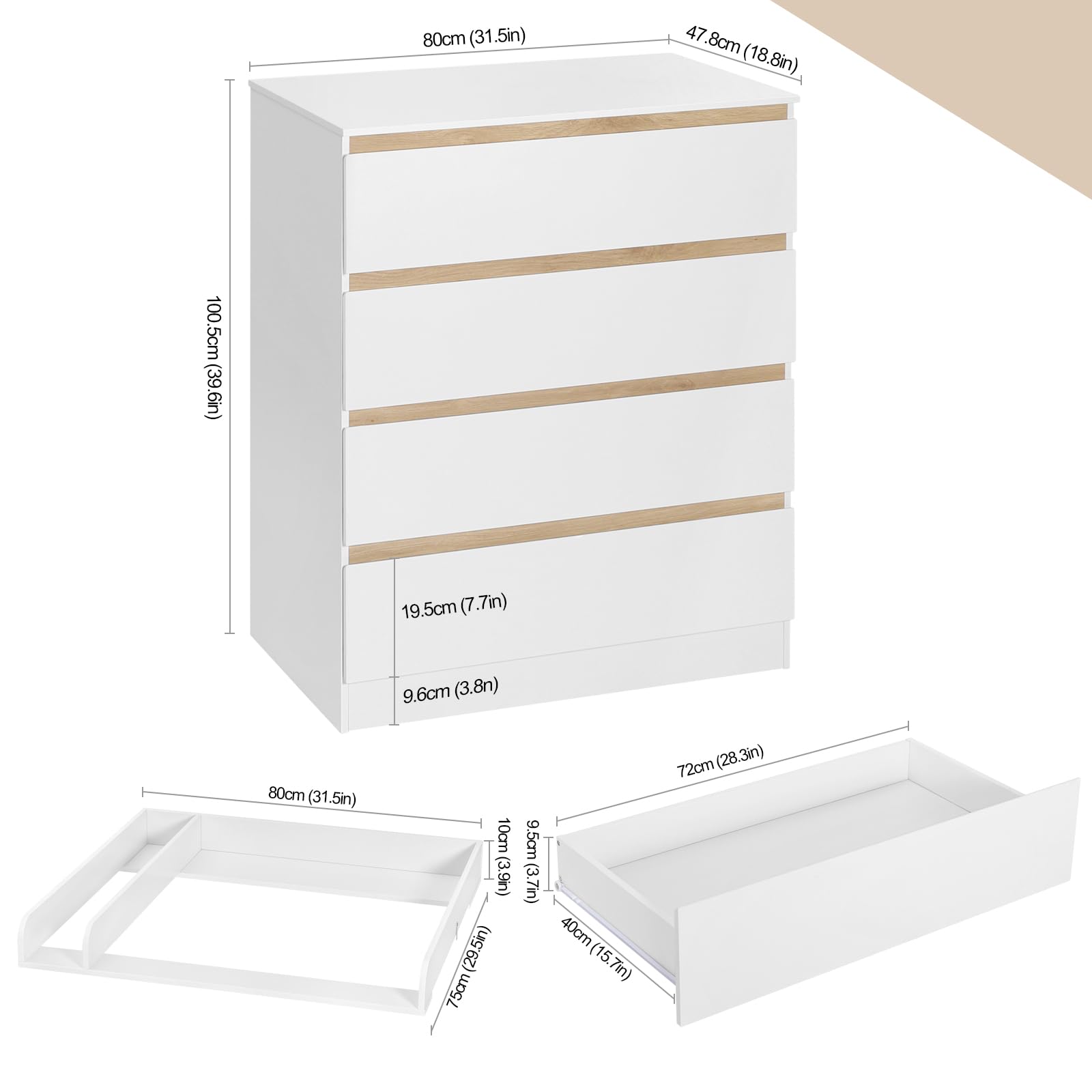 WOLTU Cambiador Bebe con 4 Cajones, Cómoda Cambiador Pañales, Cómoda para Dormitorio, Gran Almacenamiento, Fácil de Limpiar, Blanco+Roble Claro, 80x75x109,2 cm