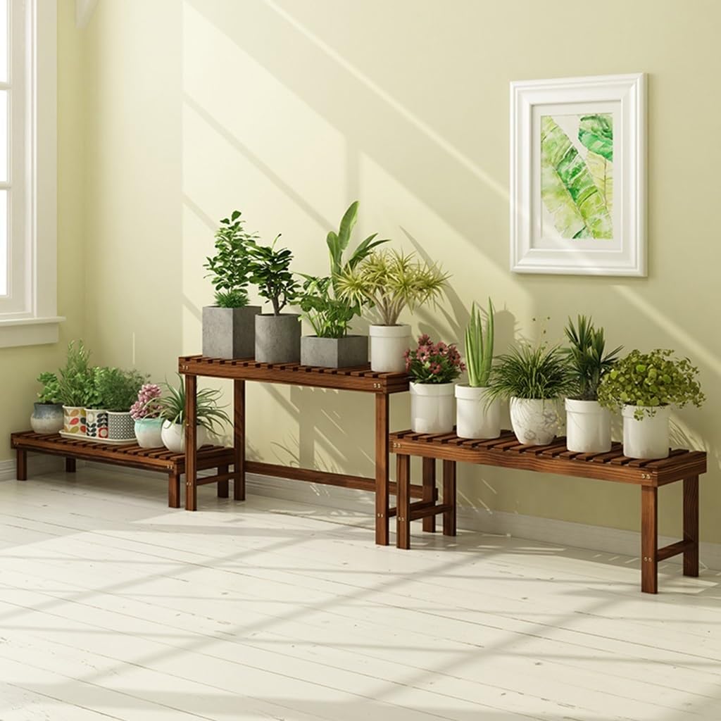 Garten Stufenhölzerner Blumenständer Balkongrünpflanzenständer Wohnzimmerblumentopfständer Gartendekorationsständer (Color : Brown, Size : 98x25x15cm)