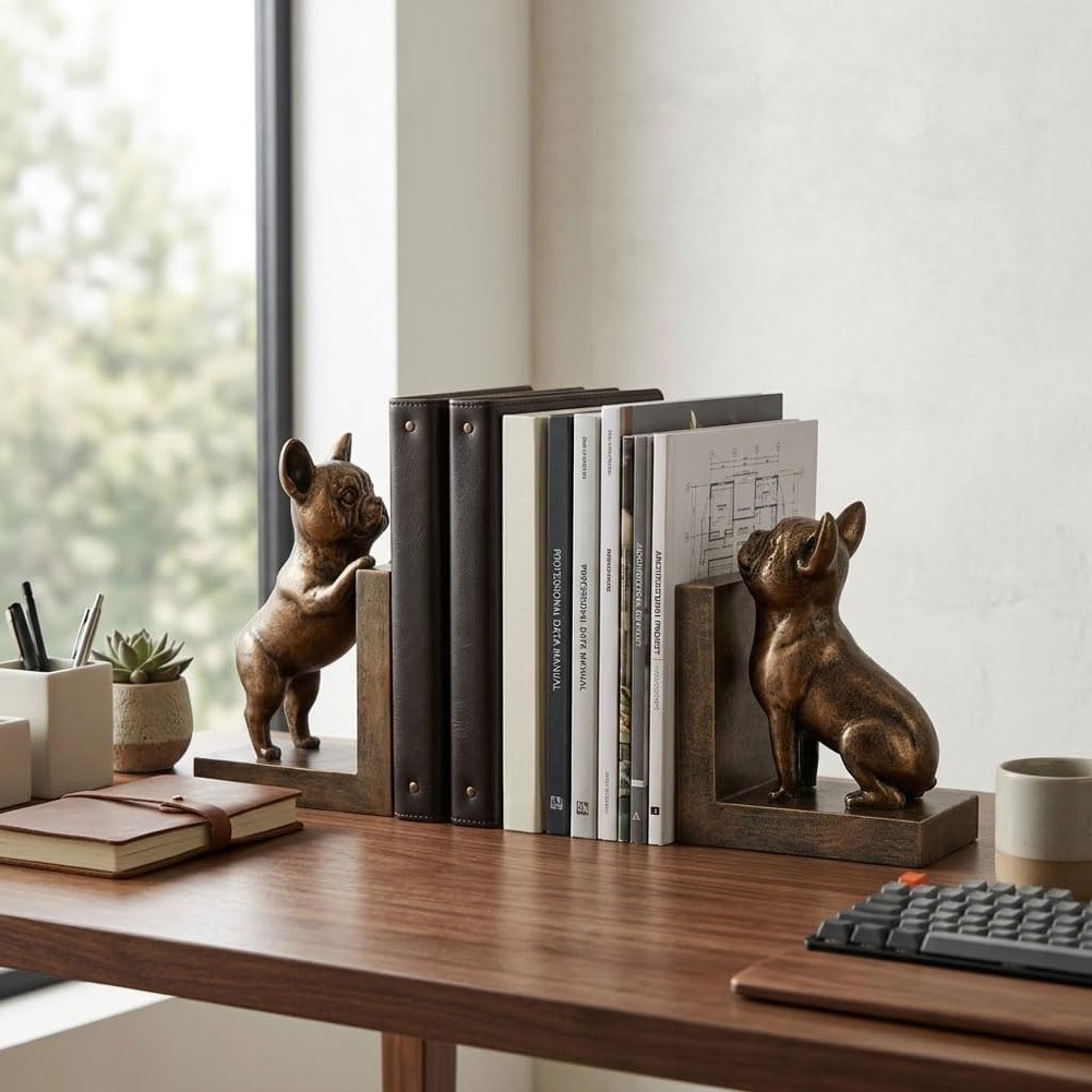 Bookends for Shelves, Bookends for Heavy Books, Decorative Bookends with Bulldog Dog Statues, Set of 2 Antique Bronze Book Ends for Bookshelf, Home Office, Living Room, Study Desk Decor