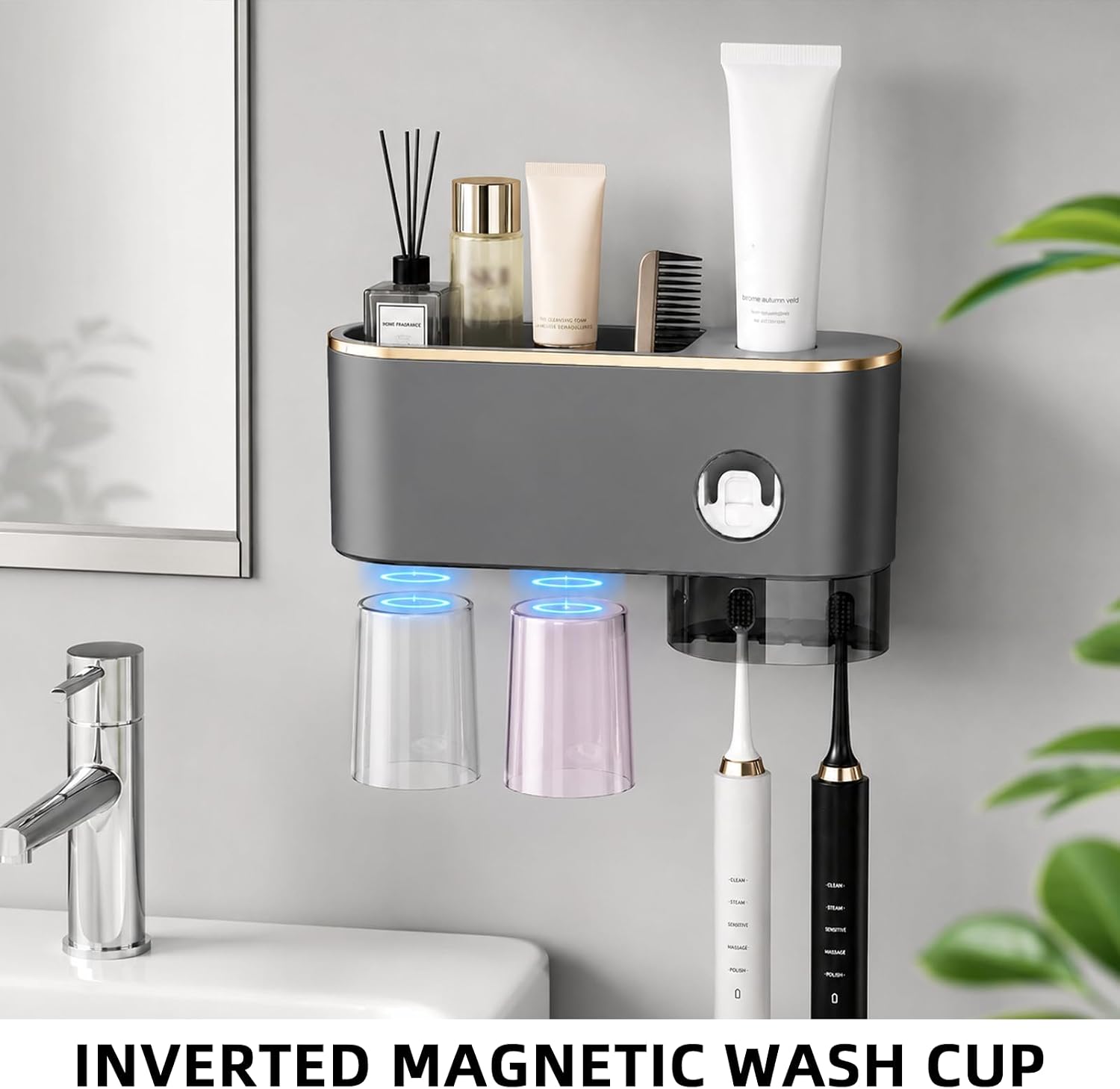 Bathroom Toothbrush Holder —Wall-Mounted Toothbrush Organizer (with Automatic Toothpaste Dispenser), Magnetic Rinse Cup Design, No-Drill Bathroom Vanity Storage Tray (Gunmetal Gray (2 Cups))
