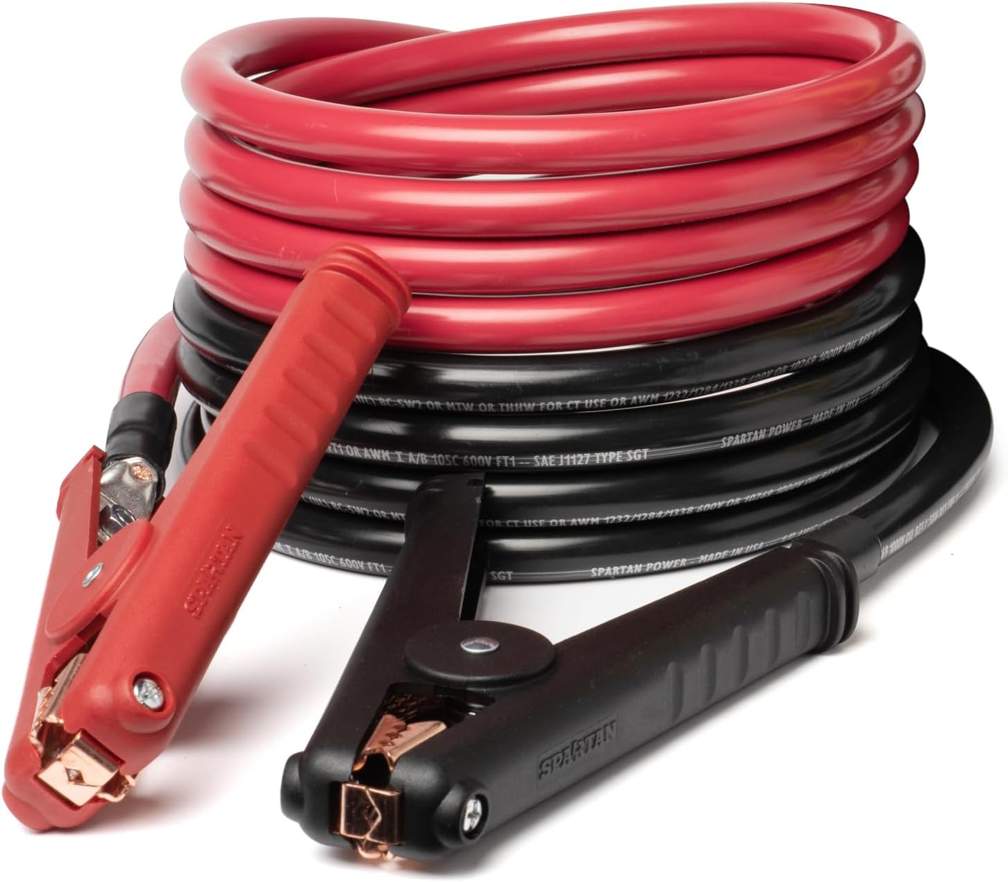 Spartan Power Heavy Duty Jumper Cables with Alligator Clips, 100% Pure Copper Wire, Positive & Negative Leads Battery Cable, Made in the USA - 1/0 AWG Gauge Cable, 10 ft