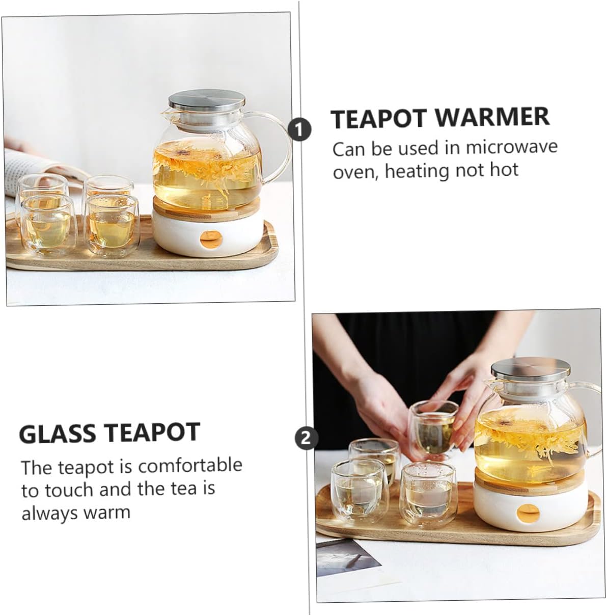 2pcs Glass Teapot Warmer Includes Bamboo Lid Teapot for Tea Scented Drinks