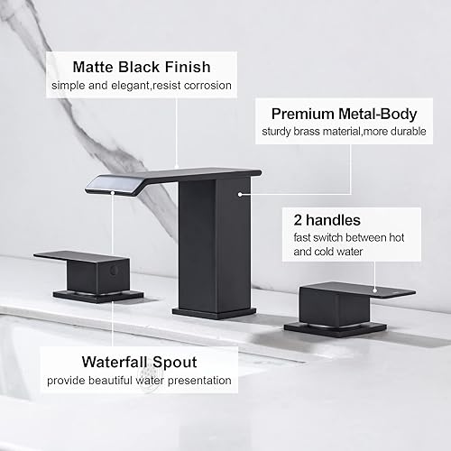 Miniatura 2 de Juego de grifos para lavabo de baño en cascada, montaje en cubierta, 3 agujeros, moderno, 8 pulgadas, 2 manijas, grifo mezclador con líneas de