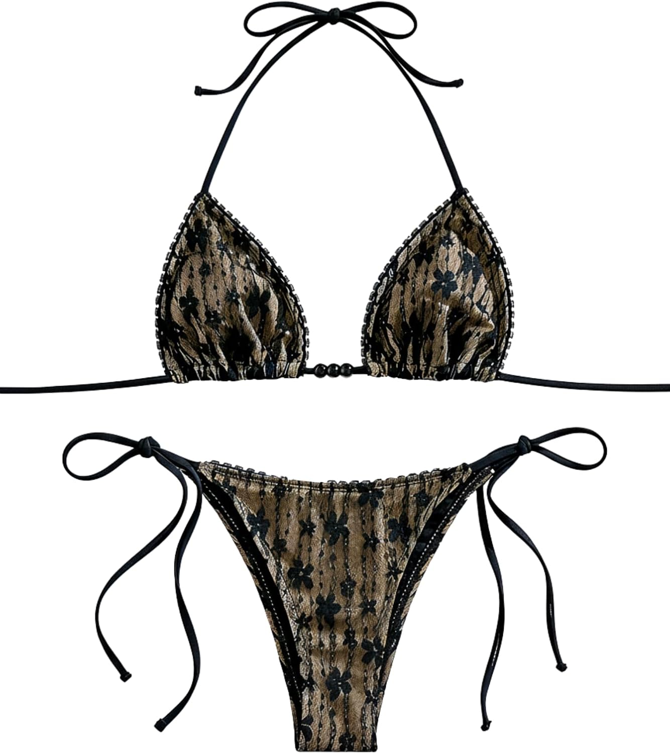 SEGT Women's Floral Lace Sexy Bathing Suit V Neck Halter Bikini Sets Triangle Tie Side High Cut Thong Swimsuit