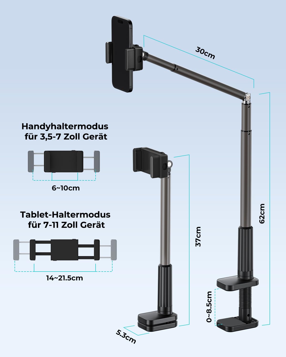 Viozon Tablet Halterung Für Bett & Tisch – Verstellbar – Kompatibel Mit IPad, Kindle, IPhone 3,5–11 Zoll – Aluminium