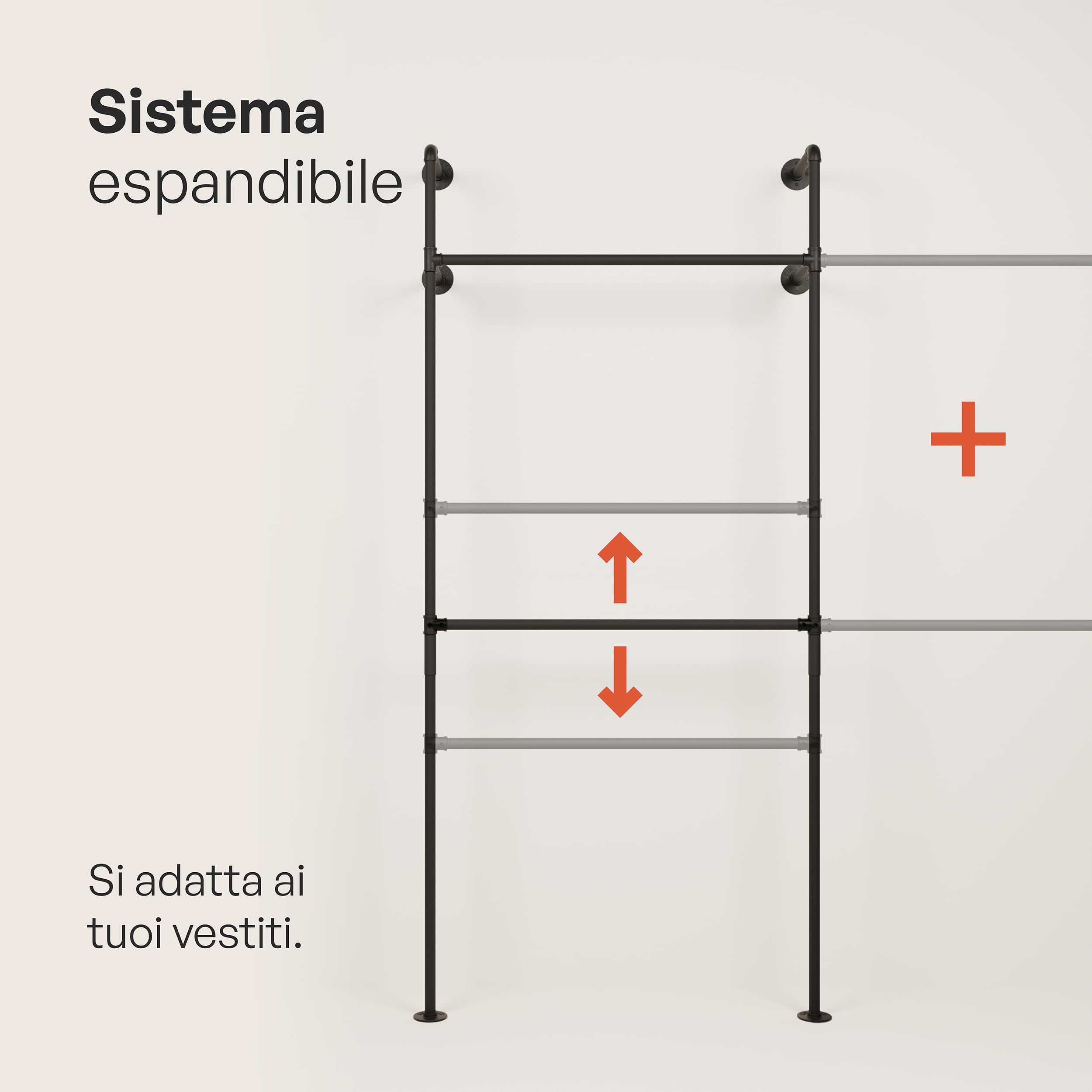 pamo Appendiabiti da Parete 120 kg – Barra Appendiabiti da Muro Industriale Nero I armadio aperto in metallo tubo I 105x193x32 cm