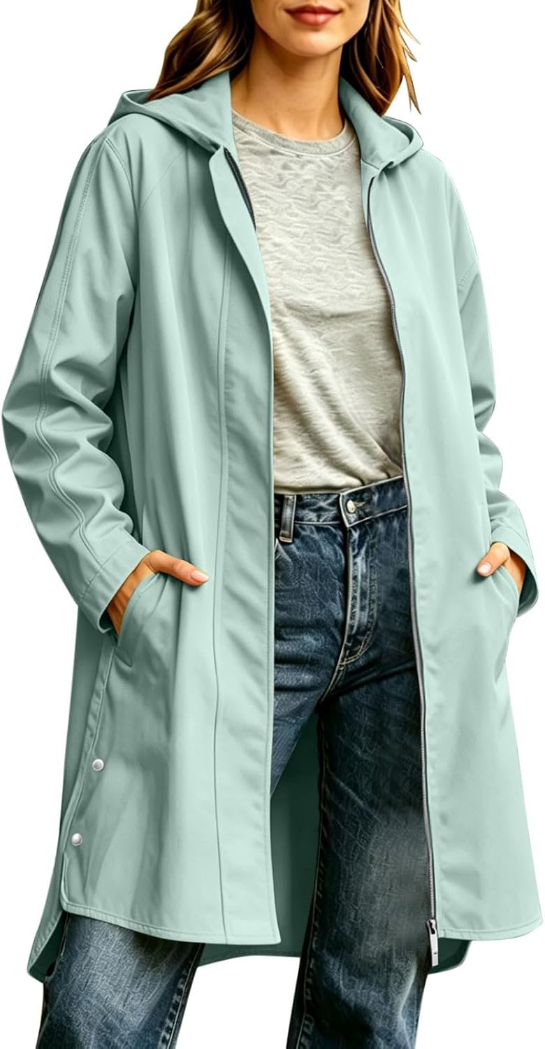 Women's Long Hooded Rain Jacket Waterproof Drawstring Pocket Trench Coat Fall Winter Outdoor Hiking Travel Tops