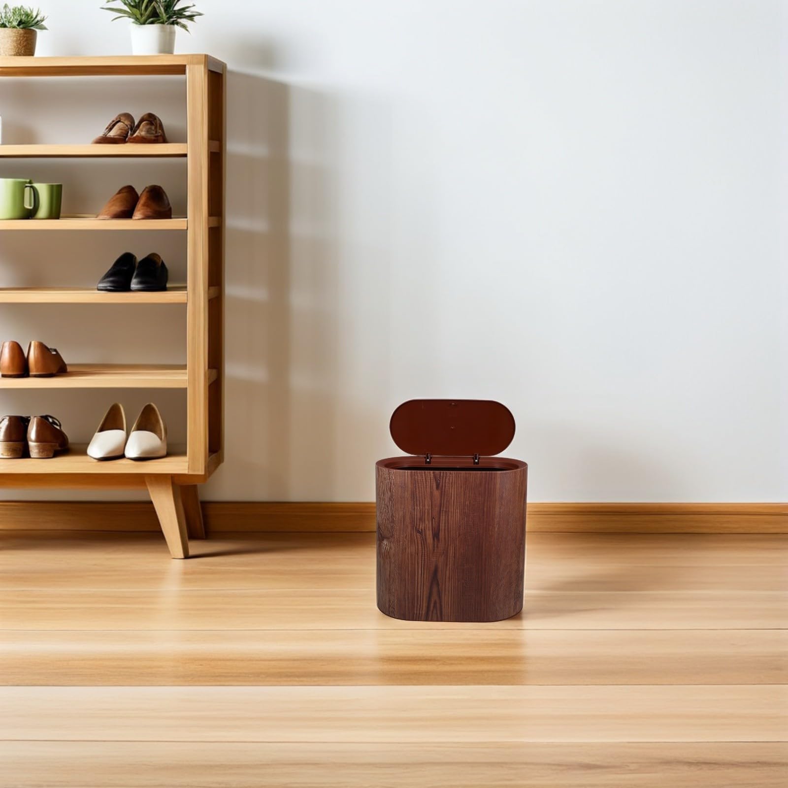 MAGICLULU Cubo de Basura Delgado de 14l con Diseño de Veta de Madera, Plástico Pp Resistente y Tapa Abatible para Baño y Rincones Estrechos, Contención de Olores