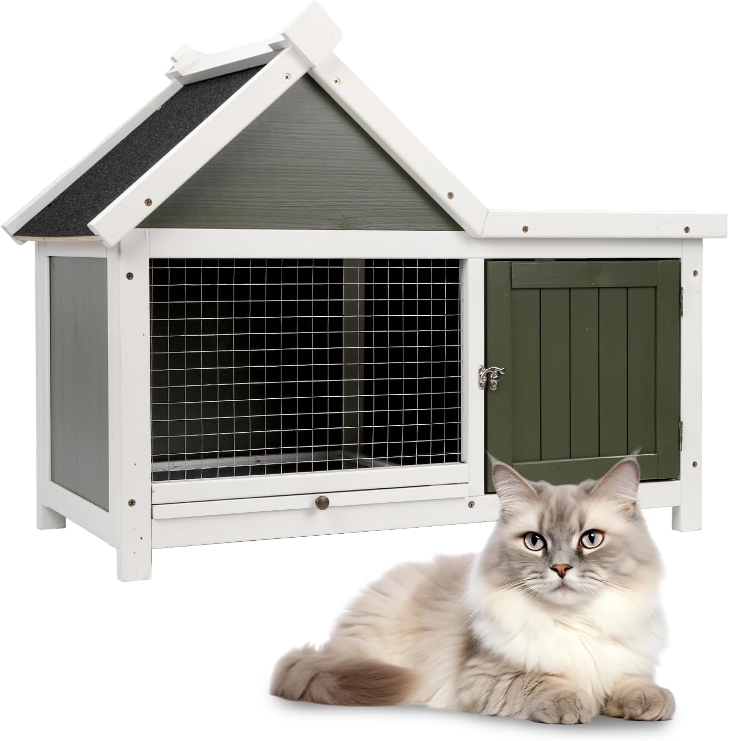 Outdoor Cat/Dog House Large Pet Nest,Weatherproof Shelter with Elevated Floor,Pet Bowl Hook,Door Bolt,Wooden Pet House for Cats,Dogs,Rabbits(Green)