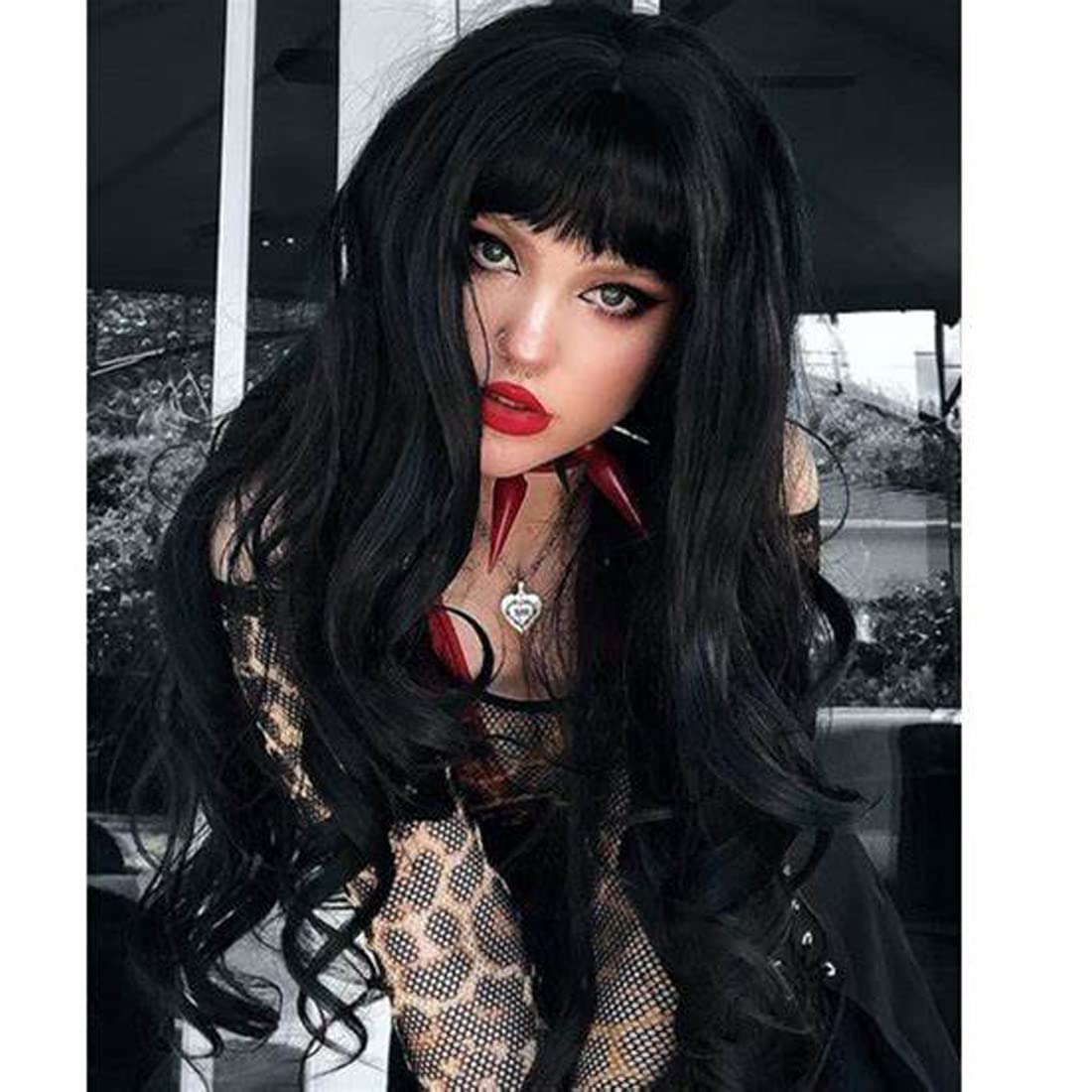 ATAYOU Long Black Wig With Bangs, Heat Resistant Synthetic Wig For Women 24 Inch Hair Replacement Wig For Party Cosplay Body Wavy Black Wig (Black 544)