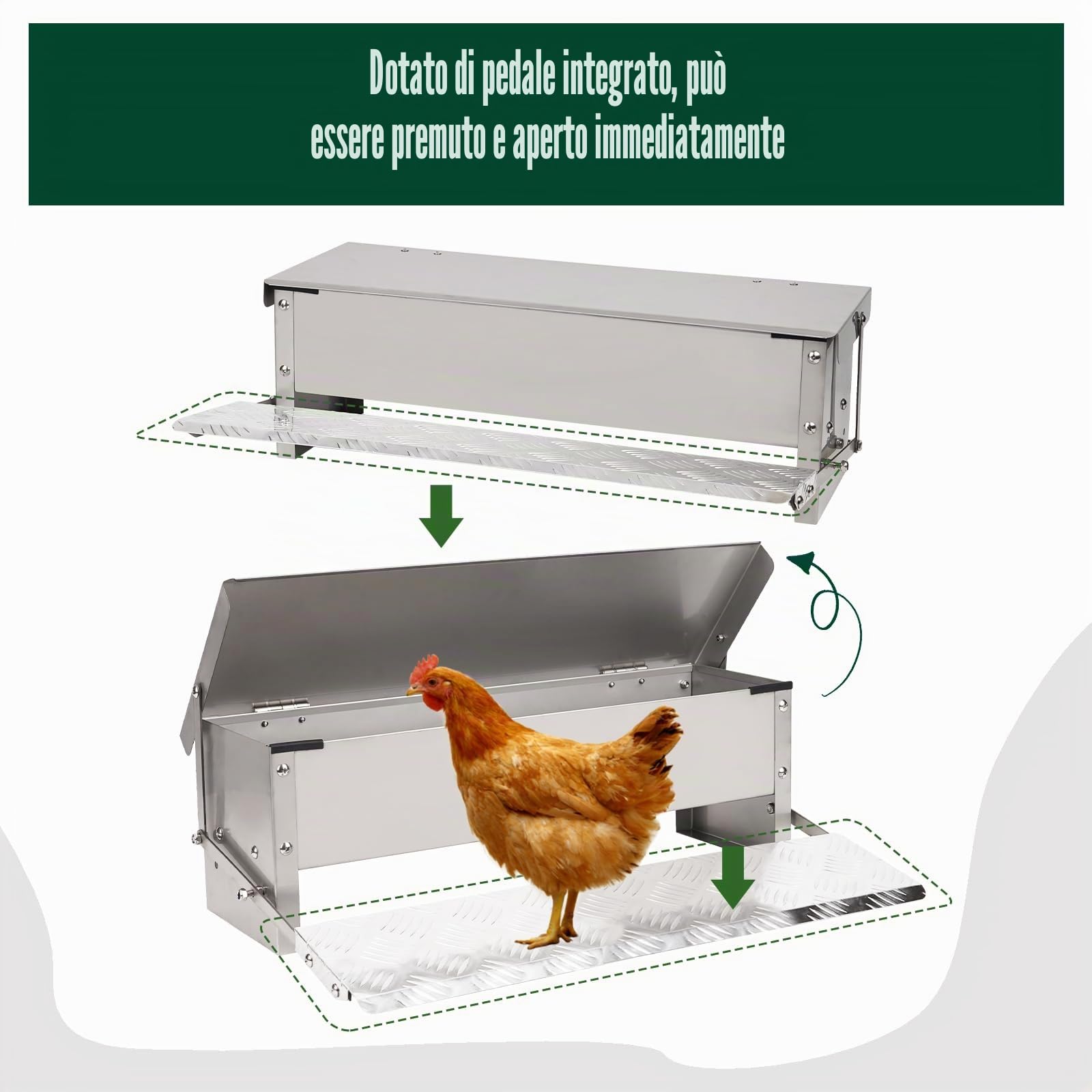 Mangiatoia per Polli a Pedale, Mangiatoia Automatica per Polli da 5 Kg Senza Rifiuti per Pollame con Coperchio Resistente Alle Intemperie e Pala per Galline, Anatre e Polli