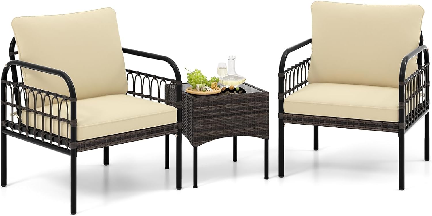 Tangkula 3 Pieces Patio Wicker Furniture Set, Outdoor Conversation Bistro Set with Cushioned Chairs and Tempered Glass Coffee Table, Modern Rattan Chair Set for Porch, Balcony, Lawn (Mix Brown-Beige)
