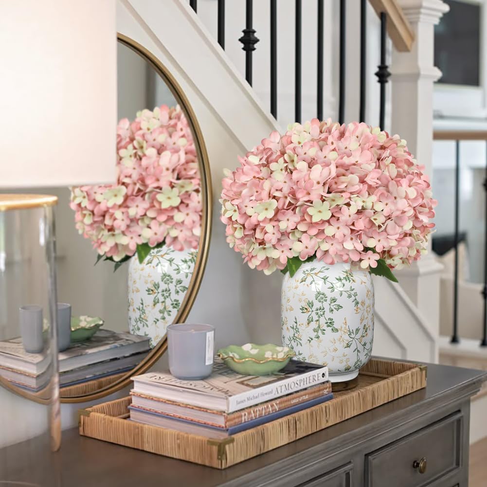 Hollyone 6PCS Pink Hydrangea Artificial Flowers Artificial Hydrangeas Silk Flowers for Home Decor Indoor Wedding Flower Faux Flower Kitchen Centerpiece Table Decorations