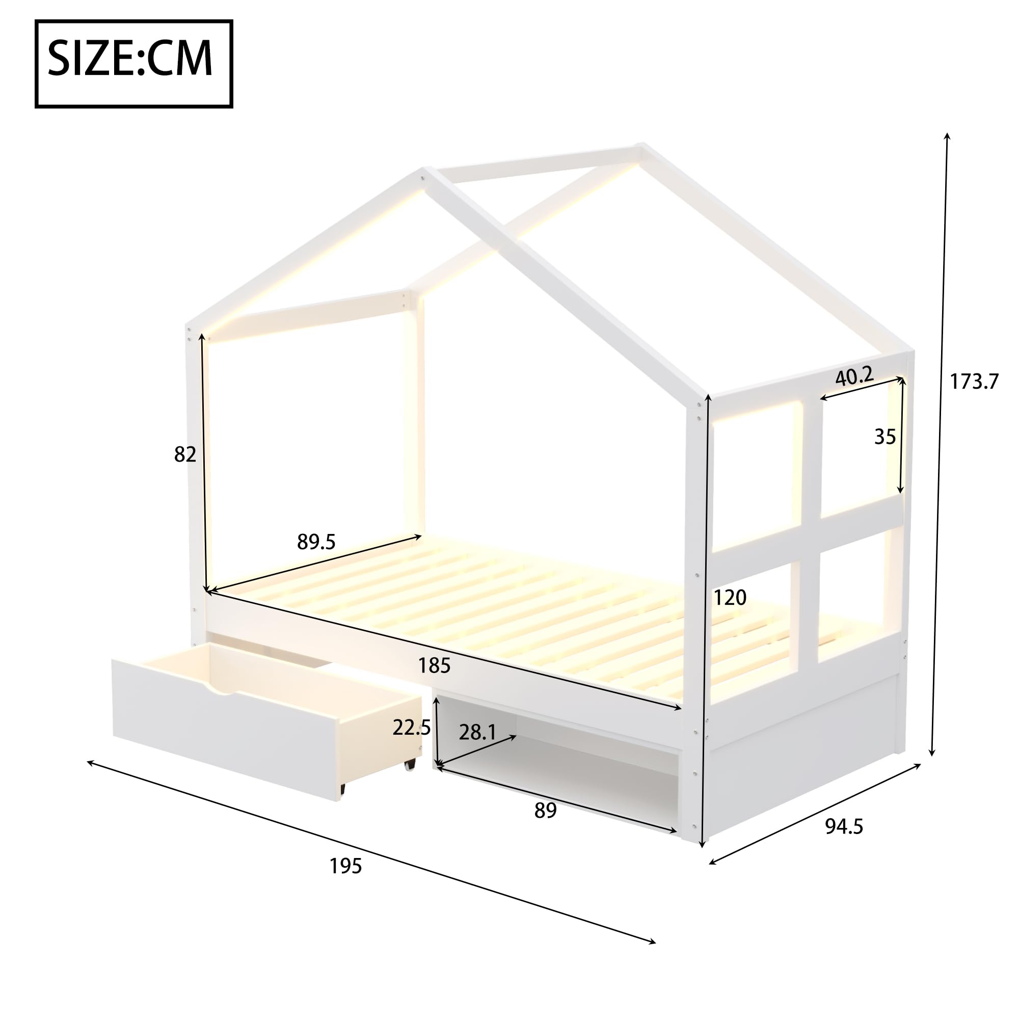 Letto in legno 90 x 190 cm, con cassetti e piccola scarpiera, con illuminazione a LED multicolore, rete a doghe, letto singolo, letto per ragazzi (bianco)