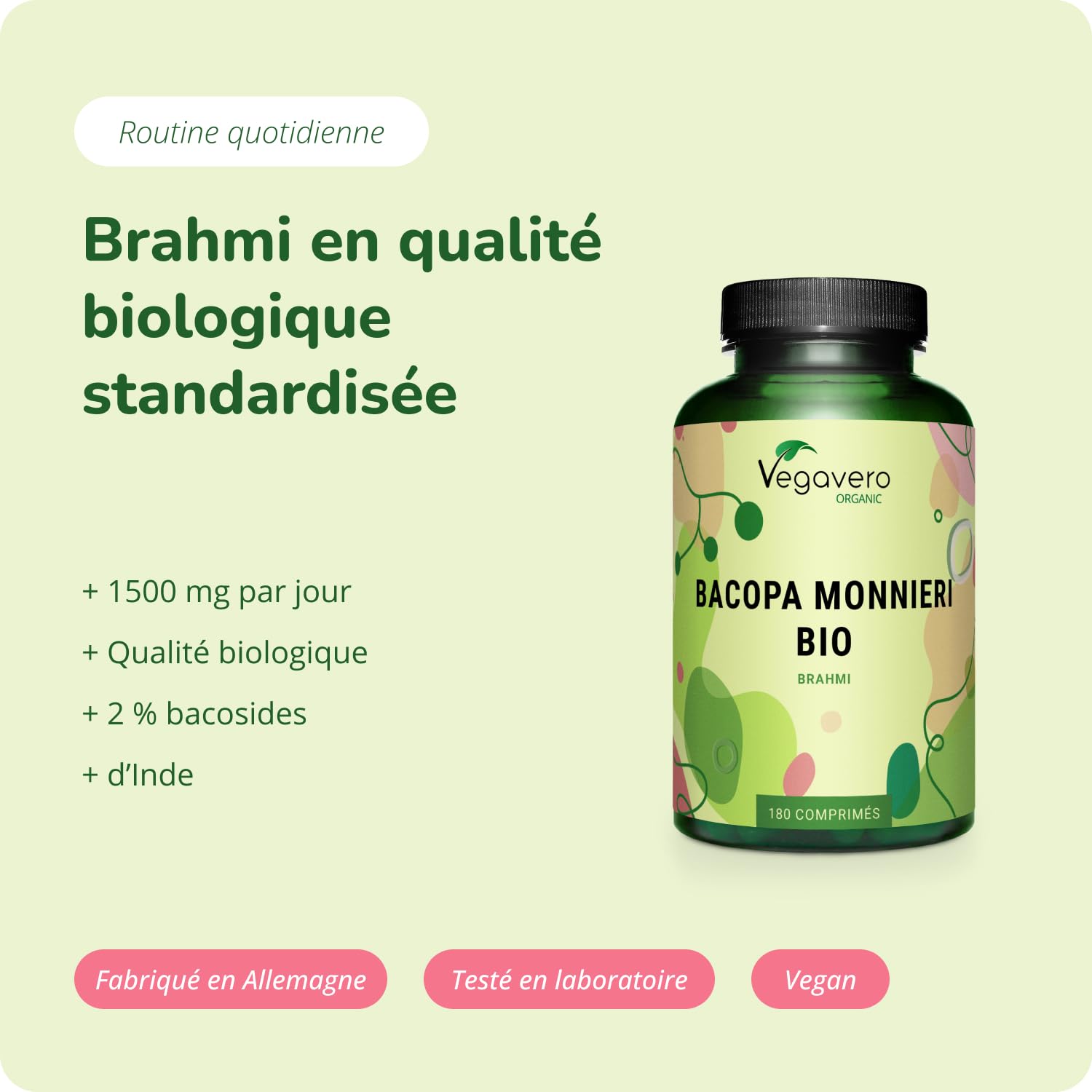 Bacopa Monnieri BIO Vegavero® | 180 Comprimés | Nootropic : Mémoire + Focus | Unique : Brahmi BIOLOGIQUE Avec Bacosides | Vegan
