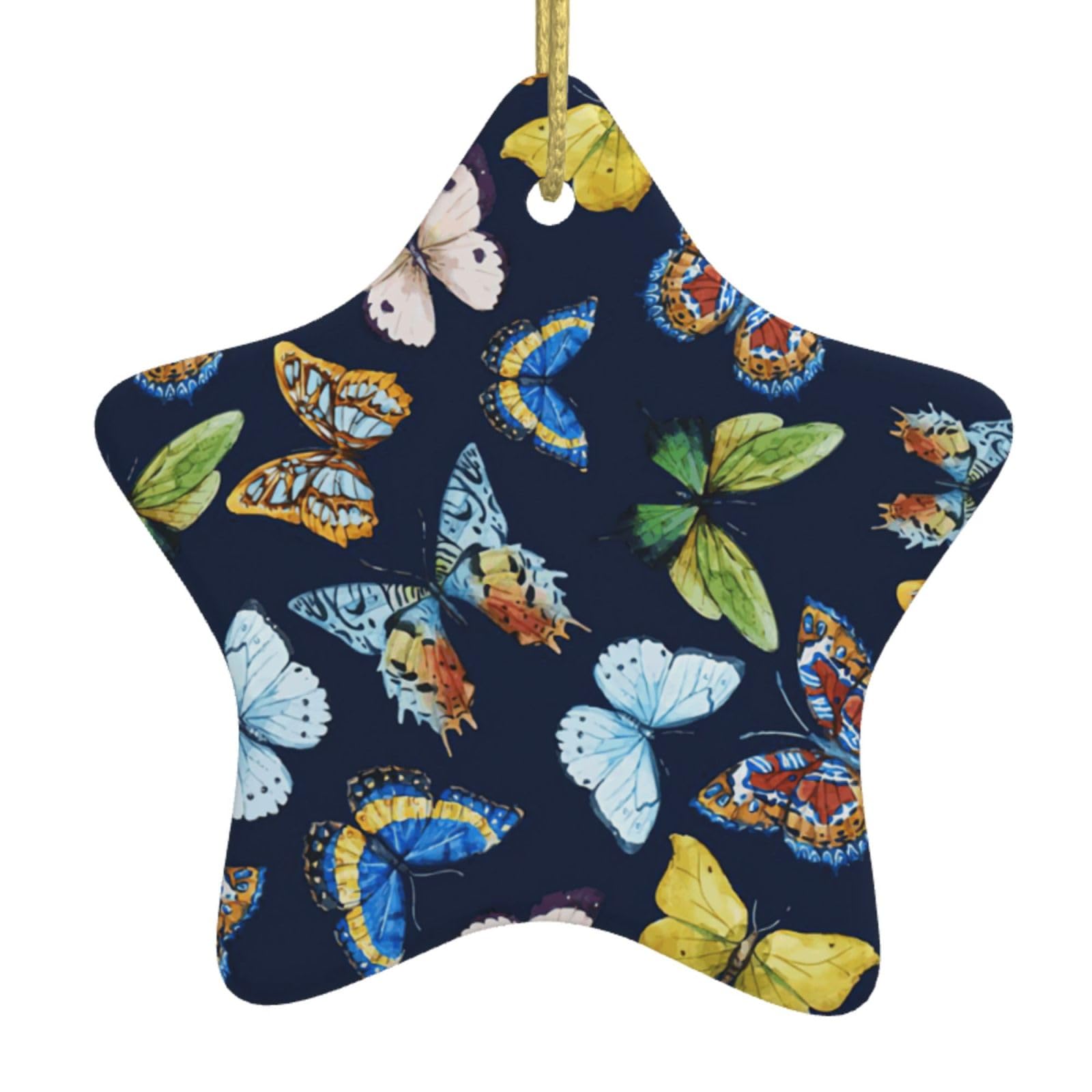 Leaf Colorful Butterfly Print Christmas Ornaments, Ceramic Hanging Ornament, Round Shape Decorations