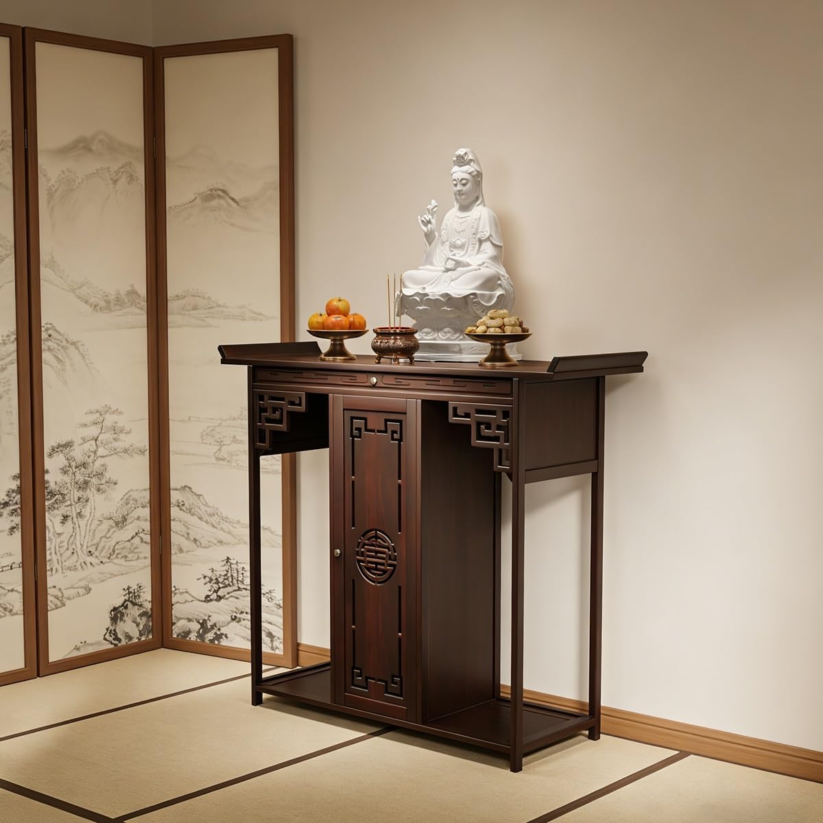 Premium Thick Wood Altar Table for Home Meditation & Sacred Space, Freestanding Prayer Table with Chinese Carvings & Storage(43.3”Long)