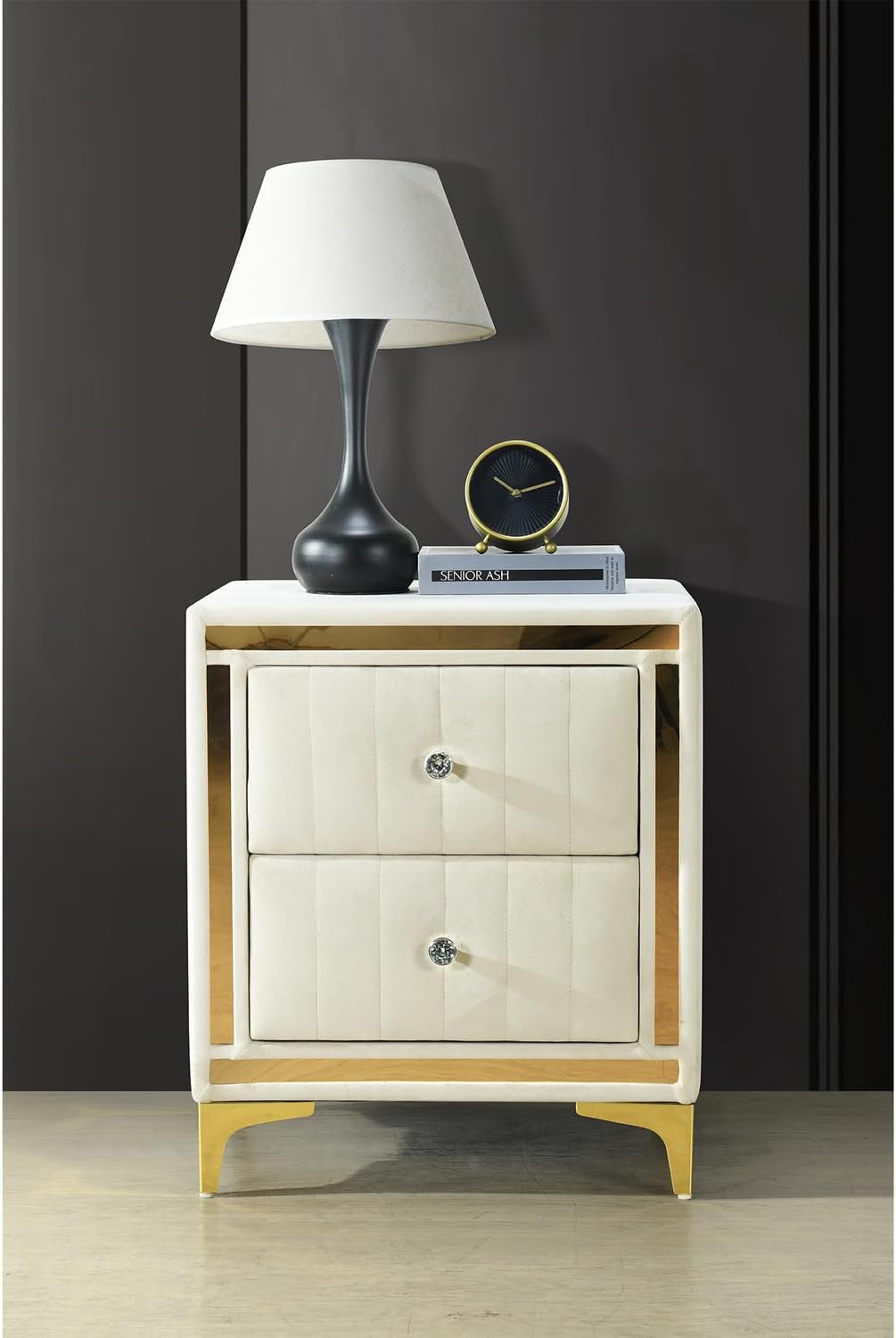 Better Home Products Monique Velvet Nightstand with Gold Legs and Gold Trim, Crystal knobs - Fully Assembled. (Cream)