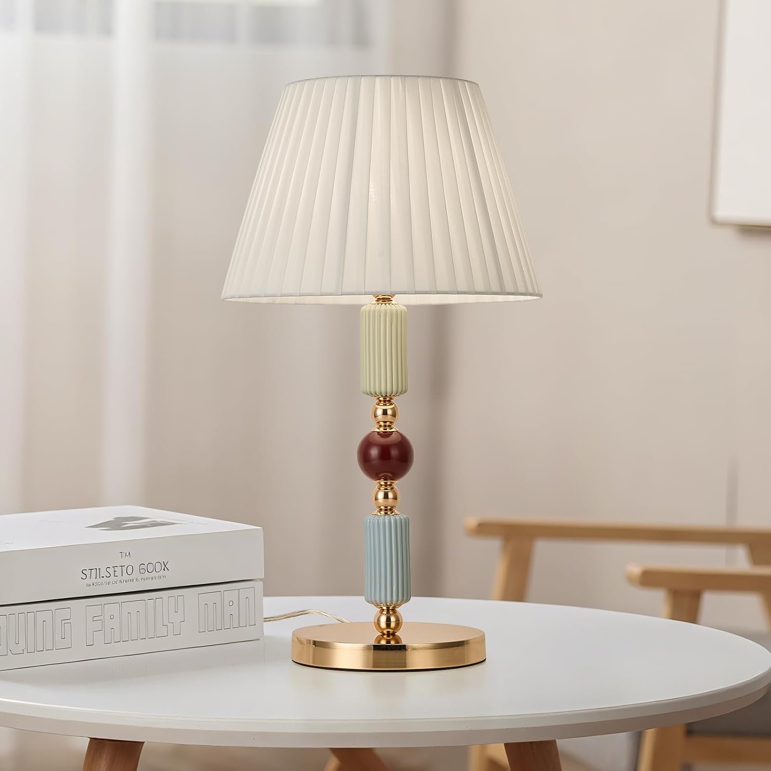 White Fabric Shade Table Lamp Modern Metal Desk Lamp with Plug Cord Switch for Bedroom Bedside