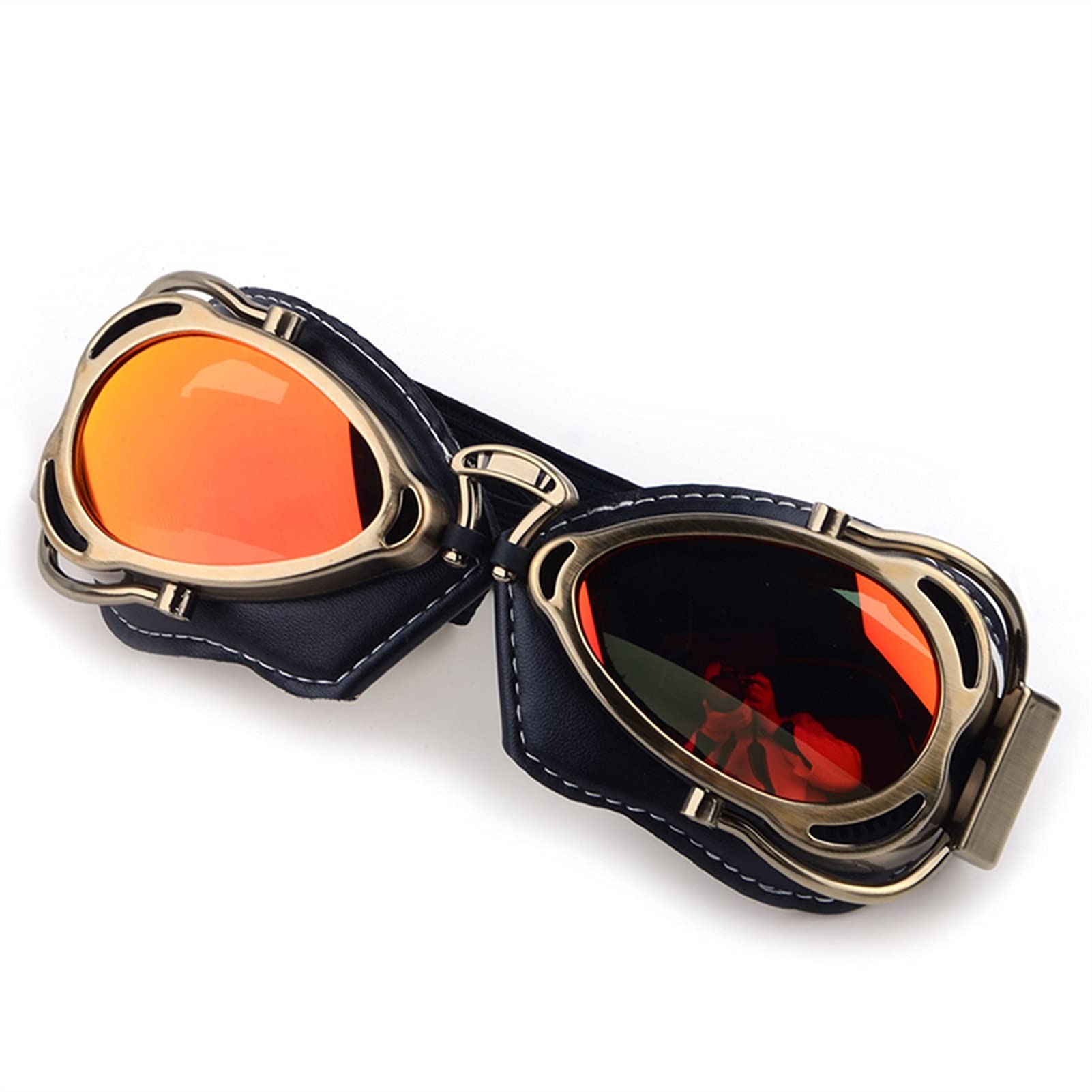 Occhiali Moto,Occhiali da Moto Occhiali da ciclismo da moto retrò Goggles Pilot Aviator Unisex Casco Glasses Racing Protecting Bronze Color Frame Eyeglass Eyewear(Red Lens)