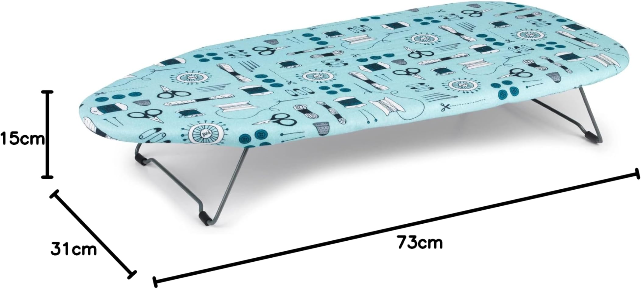Beldray LA023735SEW Tabletop Ironing Board, Suitable for Left and Right-Handed Users, 73 x 31cm,100% Cotton Cover, Sew Print, Lightweight, Easily Foldable Legs, Perfect for Travel & Small Spaces