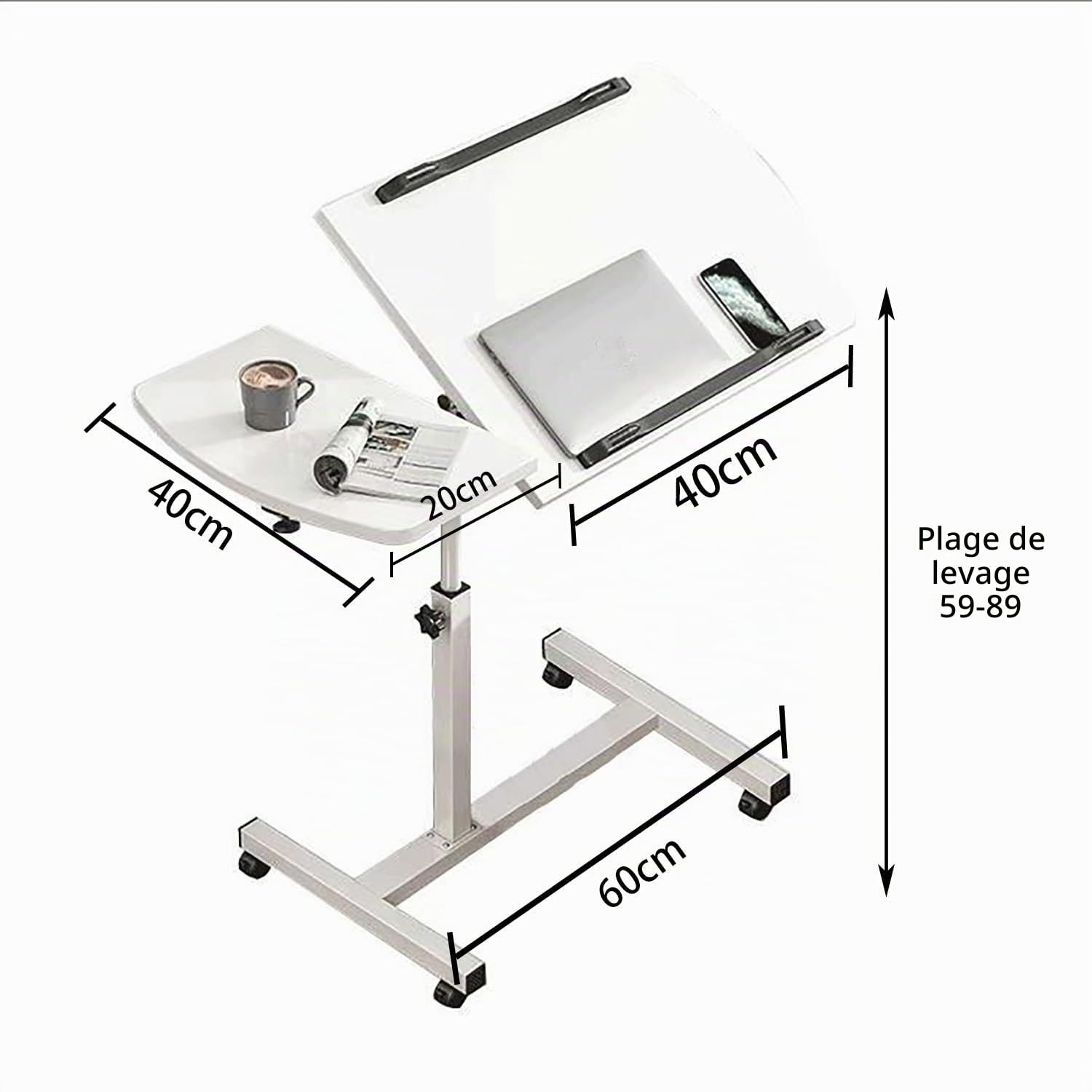 Table pour Ordinateur Portable,Table De Lit Medical，Bureau Roulant avec Plateau,Support d'Ordinateur Portable Réglable en Hauteur,Bureau Debout Mobile 60x40 CmInclinable (Blanc)