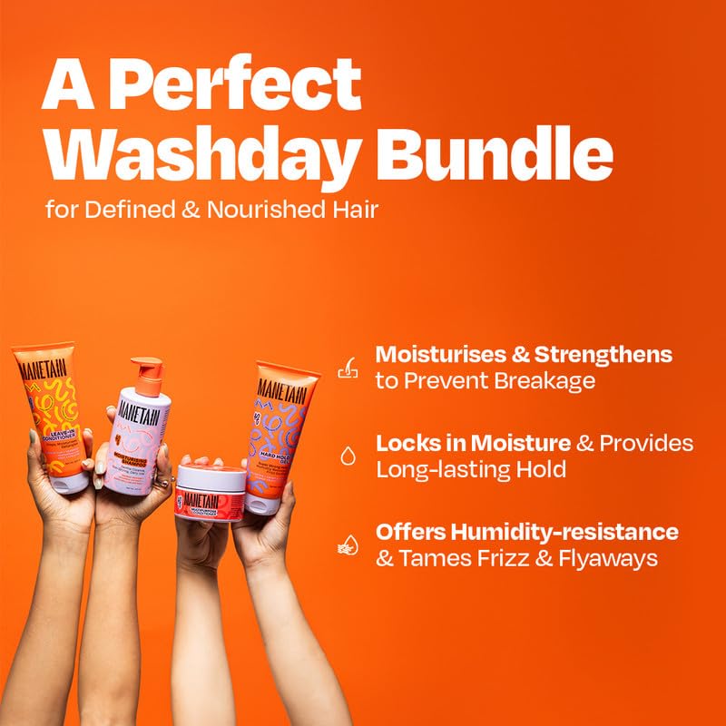 Image of MANETAIN Washday Hold Bundle Full Size - Complete Curly Hair Care Set | Moisturizing Shampoo 237ml | Multipurpose Conditioner 200gm | Leave-In Conditioner 200ml and Hard Hold Gel 200ml