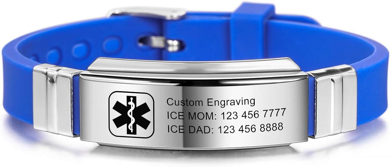 MOWOM Medical Pulsera Personalizada de Silicona grabada ID de identificación de Alerta Ajustable para Hombres, Mujeres, niños, Caucho de Acero Inoxidable (Paquete con Tarjeta de Emergencia, Soporte)