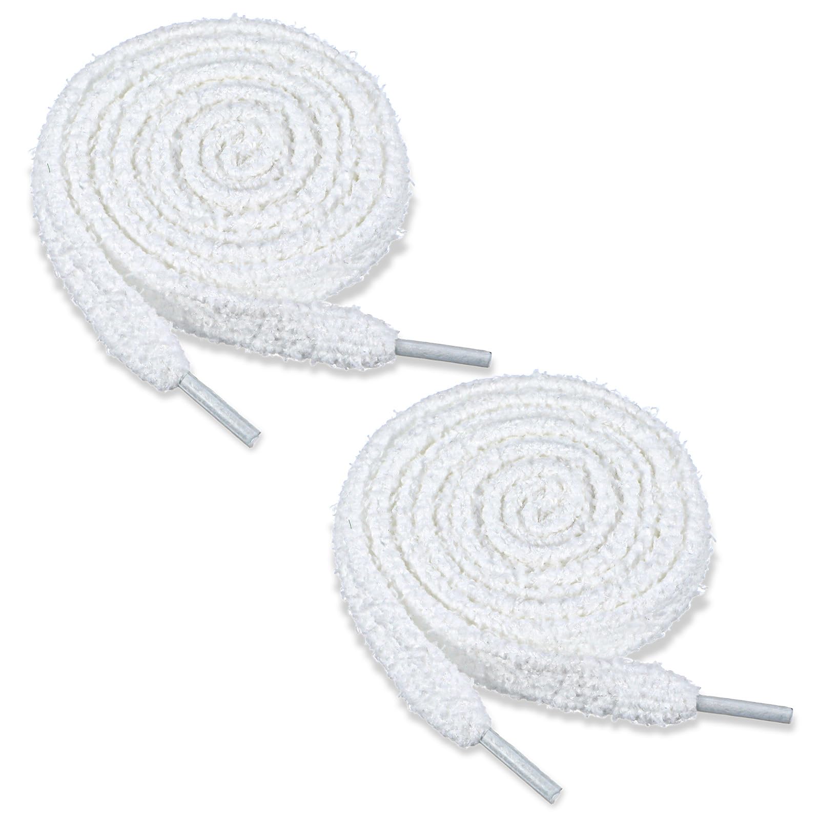 Ouligay 2 Pairs Fuzzy Thick Shoe Laces for Sneakers 10mm Wide Fluffy Shoelace Flat Fluffy 47 Inch White Plush Shoe Strings Shoestrings for Men Women