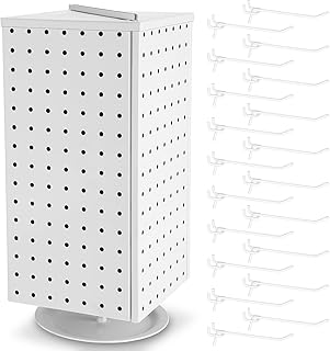 Wesiti Pegboard Metal Rotating Display Stand with 20 Hooks 4 Sided Spinning Peg Board Displays 17" Jewelry Earring Display Stands Craft Keychain Rack Necklace Holder for Retail Table Counter (White)