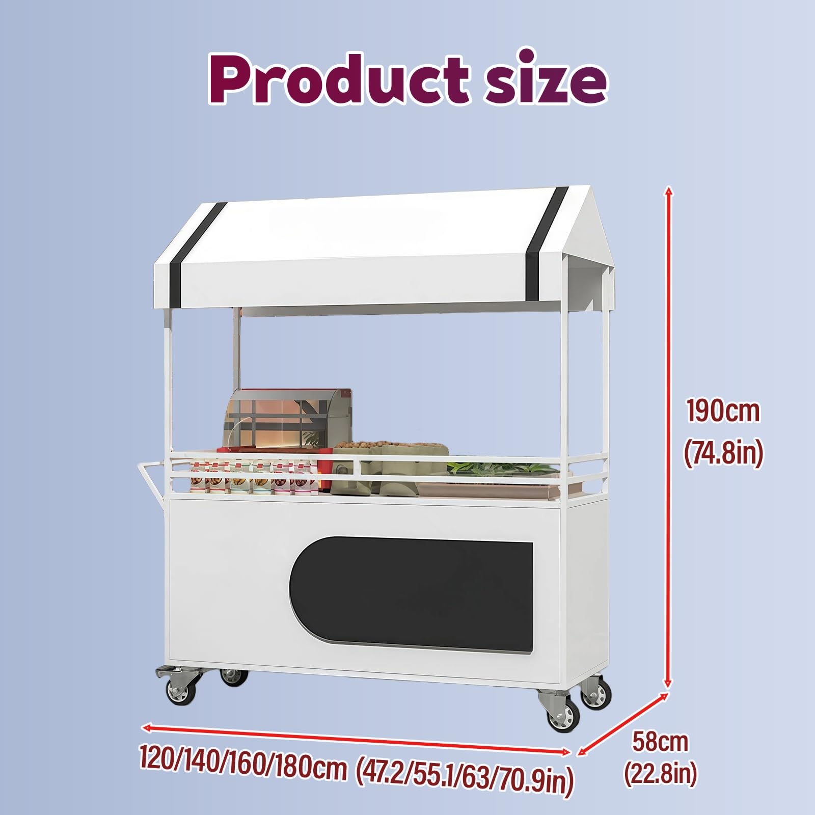 Mobiler Imbisswagen Für Marktstand Verkaufsstand, Tragbarer Wagen Mit Verriegelbaren Rädern Und Überdachung, Metall-Outdoor-Display Mit Großer Ablage Und Stauraum Für Märkte Und Events