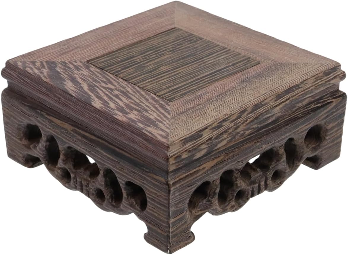 Oriental Wenge Wood Display Stand, 5.5 Inch Square Wooden Pedestal Base, Carved Wood Riser for Vase, Teapot, Trophy, Fishbowl, Home Decoration