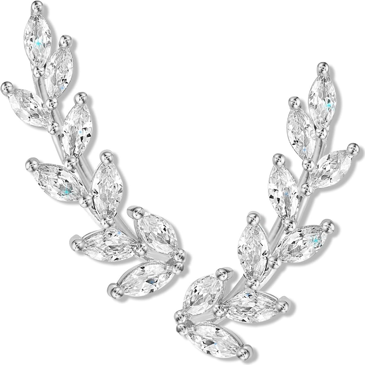 14K Gold or 925 Sterling Silver Plated Ear Crawler Earrings for Women - Crystal Leaf Ear Climber Earrings - Hypoallergenic, Safe for Sensitive Ears