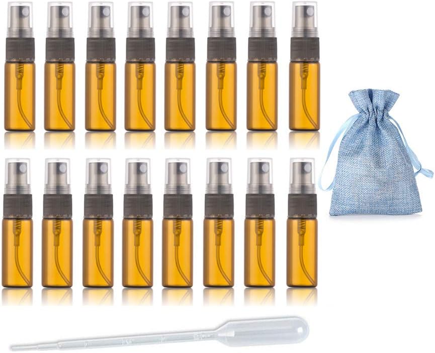 JJKMALL- 25pcs Brown Amber Fine Mist 5ml 1/6oz Atomizer Vial Glass bottle Spray Refillable Empty Sample Bottle gift Storage bag 3ML Pipette Dropper for Travel Party