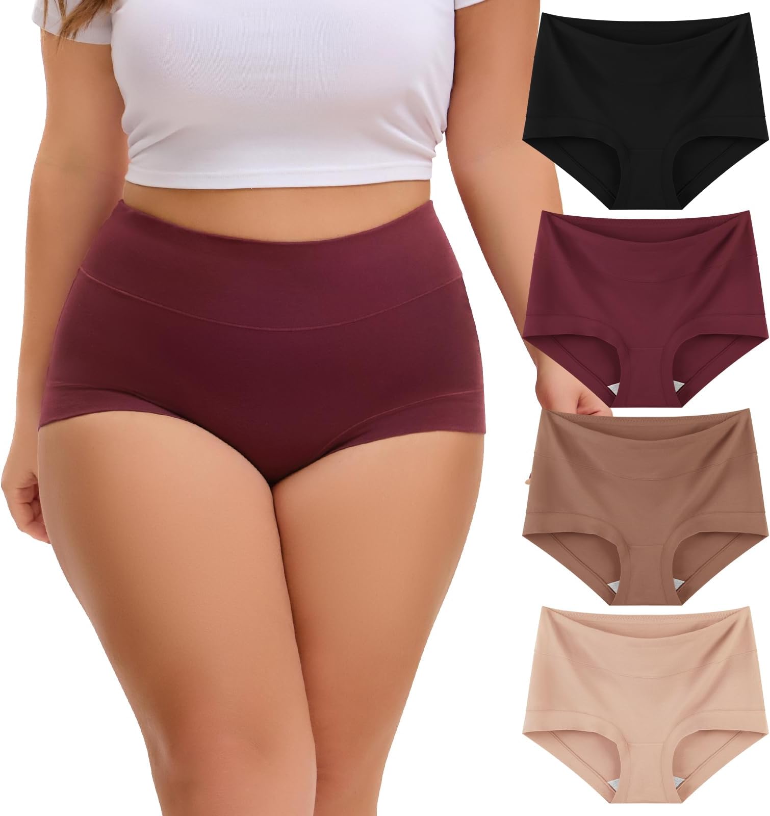 Women's Plus Size Underwear High Waisted Full Coverage Soft Stretch Cotton Boy Shorts Panties 4-Pack